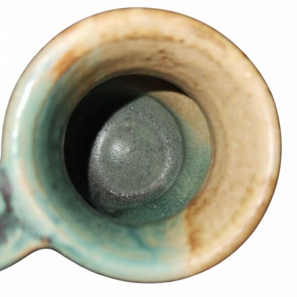 Handmade Pottery Creamer Pitcher, Clay Pottery, 3" Wide, Glazed Tan Teal, Signed - Picture 8 of 8